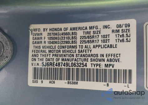 2009 Honda Cr-V Ex-L from USA, damaged, VIN 5J6RE48749L063254